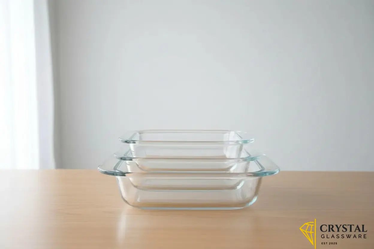 Deli Glassware 3 Pcs square Glass Dish Set featuring three nested clear glass baking and serving dishes with side handles. — Crystal Glassware Pakistan